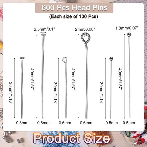 MECCANIXITY 600Pcs Head Pins Set, Flat Head Pins Plated Ball Head Pins Eye Pins for Jewelry Making for Craft Earring Bracelet Necklace Pendant Supplies 30mm 40mm Brass, Bronze in Saudi Arabia