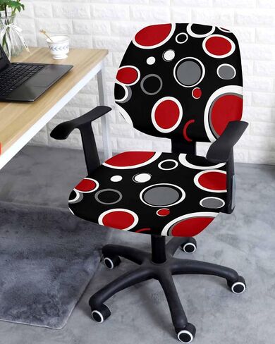 Abstract Black Office Chair Cover 2 Piece, Modern Geometric Red Grey White Circle Stretch Elastic Computer Desk Rotating Chair Seat Back Covers, Stretchable Slipcover Protectors in Kuwait