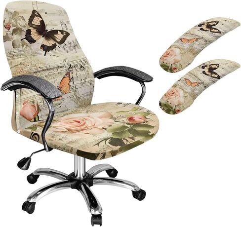 Butterfly Flower Printed 3 Pcs Office Chair Covers High Back Computer Chair Slipcovers with Armrest Covers, L in Saudi Arabia