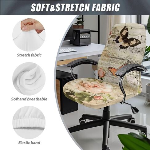 Butterfly Flower Printed 3 Pcs Office Chair Covers High Back Computer Chair Slipcovers with Armrest Covers, L in Saudi Arabia