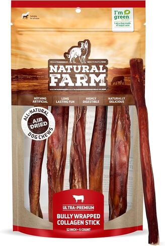 Natural Farm Bully ملفوفة العصي الكولاجين للكلاب (12 بوصة ، 5 عبوات) ، مضغ طويل الأمد مع نكهة لحم البقر والكولاجين. يدعم صحة الأسنان وتلبي الغرائز المضغ ؛ كل شيء طبيعي ولذيذ in Kuwait