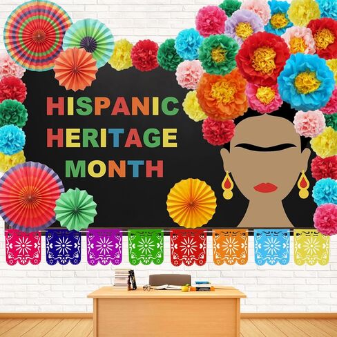 ديكورات ألواح شهر التراث من أصل إسباني-30 مساءً تم تعيينها مع الزهور الورقية ، والمراوح ، والشعيرات ، والملصقات وخلفية ديكور الفصول الدراسية الإسبانية ، أو باب مدرسة أو جدار أمريكي لاتيني in Kuwait