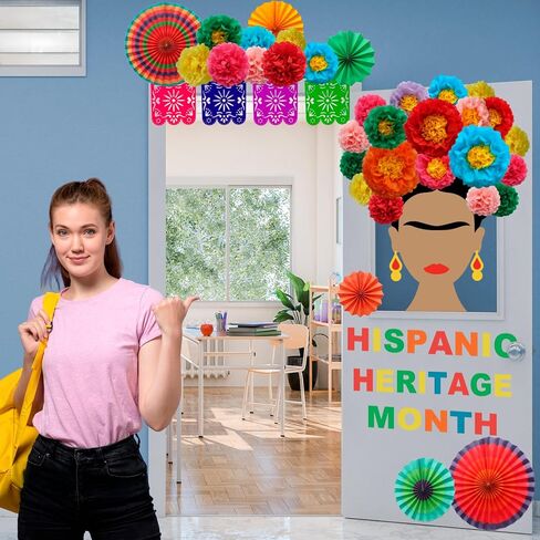 ديكورات ألواح شهر التراث من أصل إسباني-30 مساءً تم تعيينها مع الزهور الورقية ، والمراوح ، والشعيرات ، والملصقات وخلفية ديكور الفصول الدراسية الإسبانية ، أو باب مدرسة أو جدار أمريكي لاتيني in Kuwait