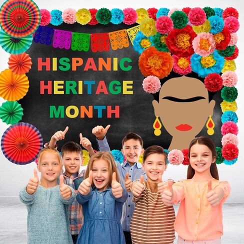 ديكورات ألواح شهر التراث من أصل إسباني-30 مساءً تم تعيينها مع الزهور الورقية ، والمراوح ، والشعيرات ، والملصقات وخلفية ديكور الفصول الدراسية الإسبانية ، أو باب مدرسة أو جدار أمريكي لاتيني in Kuwait