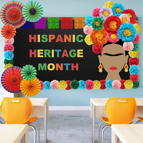 ديكورات ألواح شهر التراث من أصل إسباني-30 مساءً تم تعيينها مع الزهور الورقية ، والمراوح ، والشعيرات ، والملصقات وخلفية ديكور الفصول الدراسية الإسبانية ، أو باب مدرسة أو جدار أمريكي لاتيني in Kuwait