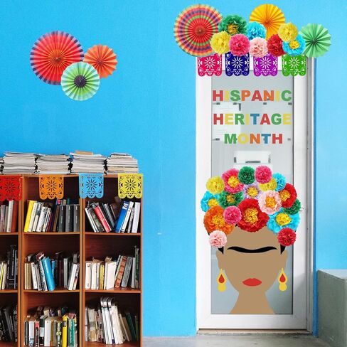 ديكورات ألواح شهر التراث من أصل إسباني-30 مساءً تم تعيينها مع الزهور الورقية ، والمراوح ، والشعيرات ، والملصقات وخلفية ديكور الفصول الدراسية الإسبانية ، أو باب مدرسة أو جدار أمريكي لاتيني in Kuwait