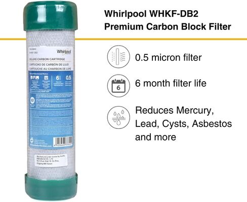 Whirlpool Under Sink Carbon Block Filter WHKF-DB1, NSF Certified 0.5 Micron Rating Reduces Chlorine Taste & Odor, 6-Month Lasting Life, Use for Home Drinking Water Filtration or Reverse Osmosis System in Kuwait
