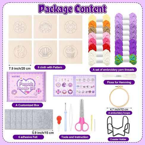 مجموعات Watinc Punch Needle Coaster - 23pcs Supply Art Work Decor Craft Supply للمبتدئين ، مجموعة DIY من 6 منصات معنقدة معنقدة مع أدوات خيوط لاصقة تعليمات مخصصة (أرجوانية) in Saudi Arabia