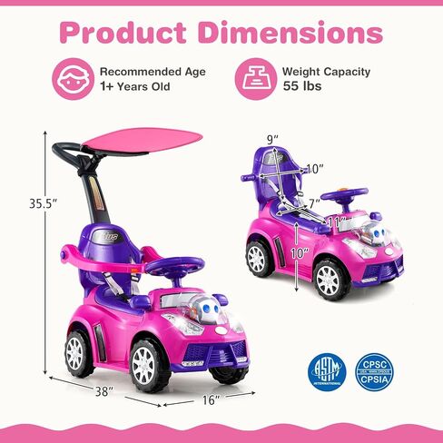 Costzon Push Car للأطفال الصغار ، 3 من كل واحد من عربة المشي المنزلق مع مقبض ، مظلة ، حزام الأمان ، القرن ، الموسيقى والأضواء ، تخزين المقعد ، الدرابزين ، ركوب من القدم إلى الطابق على لعبة Boys Girls (Red) in Saudi Arabia