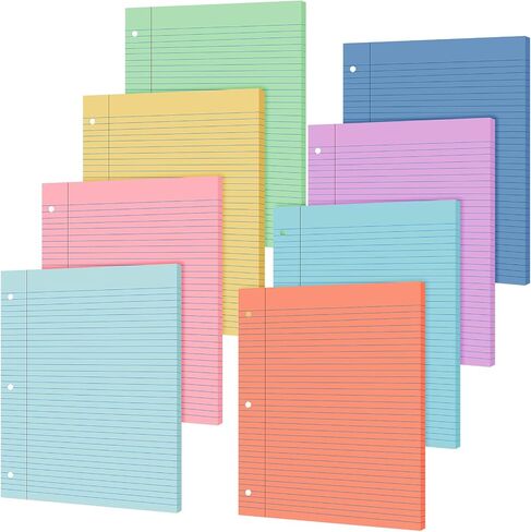 PerKoop 8 Pack 400 Sheets Colored Lined Loose Leaf Paper 8 x 10.5'' Wide Ruled, 3 Hole Punched Notebook Filler Paper for 3 Ring Binders Back School Classroom Office Supplies(Cute Color) in Saudi Arabia