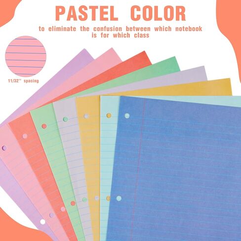 PerKoop 8 Pack 400 Sheets Colored Lined Loose Leaf Paper 8 x 10.5'' Wide Ruled, 3 Hole Punched Notebook Filler Paper for 3 Ring Binders Back School Classroom Office Supplies(Cute Color) in Saudi Arabia