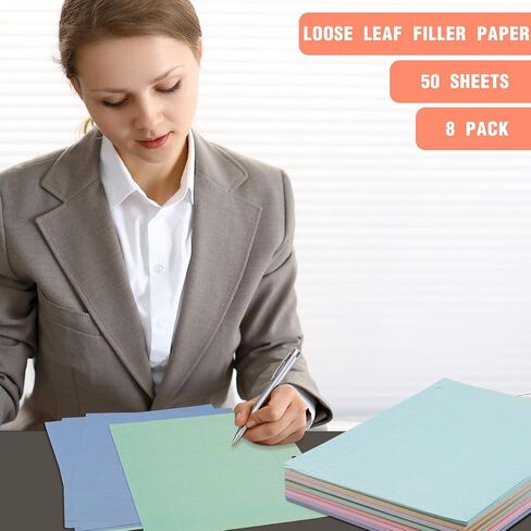 PerKoop 8 Pack 400 Sheets Colored Lined Loose Leaf Paper 8 x 10.5'' Wide Ruled, 3 Hole Punched Notebook Filler Paper for 3 Ring Binders Back School Classroom Office Supplies(Cute Color) in Saudi Arabia