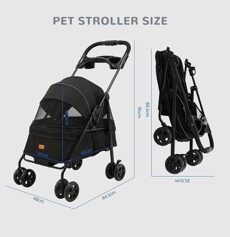 4 Wheels Pet Stroller,One-Click Folding Portable Folding Dog Cat Stroller,Sunshade, Storage Bag, Waterproof Oxford Fiber，Breathable and Visible Mesh for Small/Medium Pets up to 33 lbs,Black ﻿ in Saudi Arabia