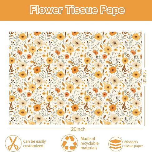FYSUIMU 60 Sheets Fall Tissue Papers Vintage Wildflower Wrapping Paper Watercolor Floral Decorative DIY Craft Paper for Autumn Birthday Wedding, 14 x 20 Inch in Saudi Arabia
