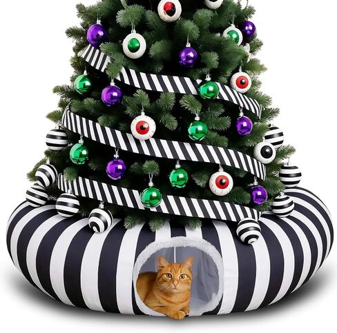Frienda Cat Tunnel Bed Under Halloween Tree Sandworm Kitten Donut Tunnel with Cushion and Ball Toy Detachable Black and White Stripes Peekaboo Cat Cave for Kitten, Puppy, Rabbit, Small Animals in Saudi Arabia