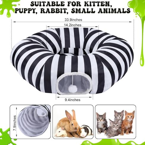 Frienda Cat Tunnel Bed Under Halloween Tree Sandworm Kitten Donut Tunnel with Cushion and Ball Toy Detachable Black and White Stripes Peekaboo Cat Cave for Kitten, Puppy, Rabbit, Small Animals in Saudi Arabia