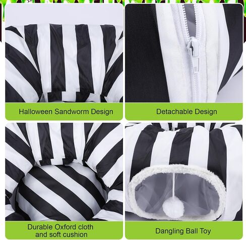 Frienda Cat Tunnel Bed Under Halloween Tree Sandworm Kitten Donut Tunnel with Cushion and Ball Toy Detachable Black and White Stripes Peekaboo Cat Cave for Kitten, Puppy, Rabbit, Small Animals in Saudi Arabia