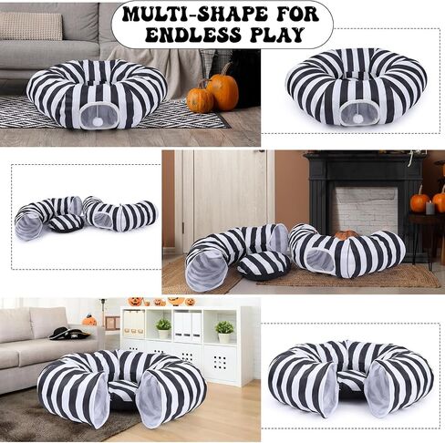 Frienda Cat Tunnel Bed Under Halloween Tree Sandworm Kitten Donut Tunnel with Cushion and Ball Toy Detachable Black and White Stripes Peekaboo Cat Cave for Kitten, Puppy, Rabbit, Small Animals in Saudi Arabia