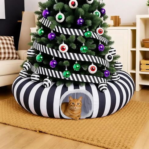 Frienda Cat Tunnel Bed Under Halloween Tree Sandworm Kitten Donut Tunnel with Cushion and Ball Toy Detachable Black and White Stripes Peekaboo Cat Cave for Kitten, Puppy, Rabbit, Small Animals in Saudi Arabia