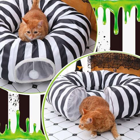 Frienda Cat Tunnel Bed Under Halloween Tree Sandworm Kitten Donut Tunnel with Cushion and Ball Toy Detachable Black and White Stripes Peekaboo Cat Cave for Kitten, Puppy, Rabbit, Small Animals in Saudi Arabia