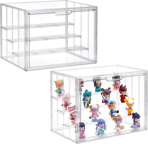 4 Tier Acrylic Display Case for Collectibles, 2 Pack Clear Adjustable Figure Display Case with Magnetic Door, Stackable Storage Box Showcase with 3 Shelves for Action Figures,Dolls,Toys, Large in Kuwait