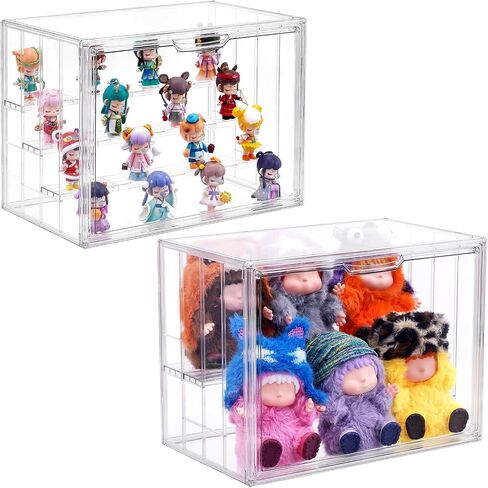 4 Tier Acrylic Display Case for Collectibles, 2 Pack Clear Adjustable Figure Display Case with Magnetic Door, Stackable Storage Box Showcase with 3 Shelves for Action Figures,Dolls,Toys, Large in Kuwait