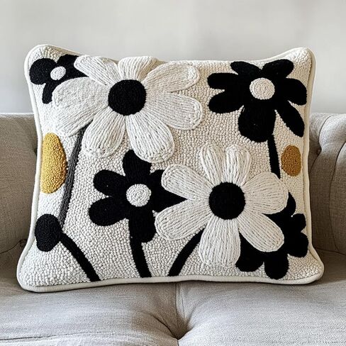 DIY Punch Neatle Pillow Kit Black and White Daisy Flowers with Pattern and Hoop Handmade Punch Punch Starter Pillowcase Making Make for Home Sofa Decoration 43x43cm-15 in Kuwait