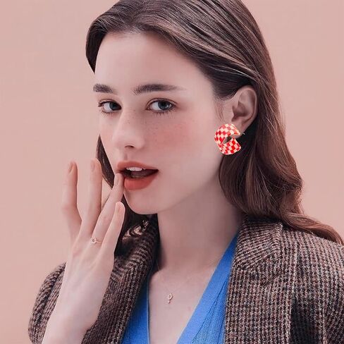 Checkered Big Grid C Shape Hoop Earrings Colorful Chunky Shape Trendy Earrings Cute Candy Acrylic Resin Earrings Jewelry for Women in Saudi Arabia