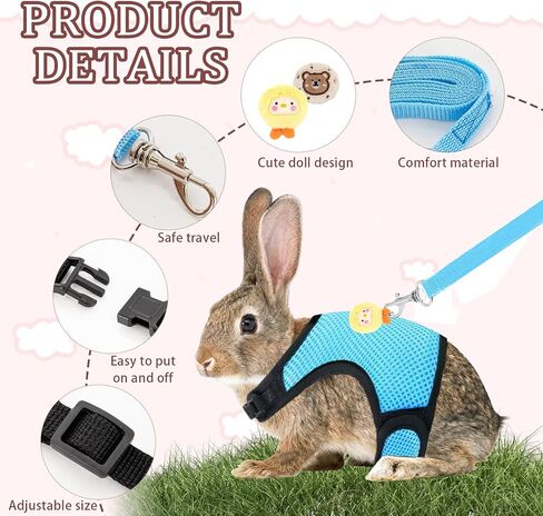 4-Pack Rabbit Harness and Leash Set, Rabbit Leash and Harness Set Escape Proof, Adjustable, with 2 Pendants, for Ferrets Pigs Puppies Small Animals Pets Outdoor Walking Supplies (Pink/Blue) in Saudi Arabia