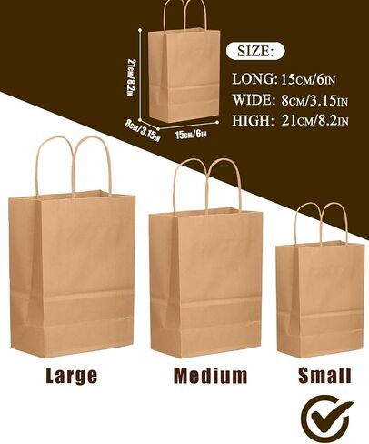أكياس الهدايا البنية 26 عبوات QIQEE مع مقابض كبيرة 8.3 "× 3" × 6 "صغيرة الحجم أكياس ورقية كرافت استخدامات متعددة (صغيرة الحجم) in Kuwait