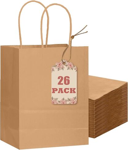 أكياس الهدايا البنية 26 عبوات QIQEE مع مقابض كبيرة 8.3 "× 3" × 6 "صغيرة الحجم أكياس ورقية كرافت استخدامات متعددة (صغيرة الحجم) in Kuwait