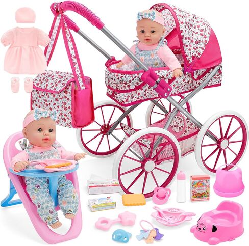 deAO Baby Doll Stroller Set High Chair Travel Diaper Bag with 12 inch Baby Doll Accessories Pretend Play Toys with Foldable Stroller 2 Sets Doll Clothes Birthday Gift for Girls Boys Toddler Kids in Saudi Arabia