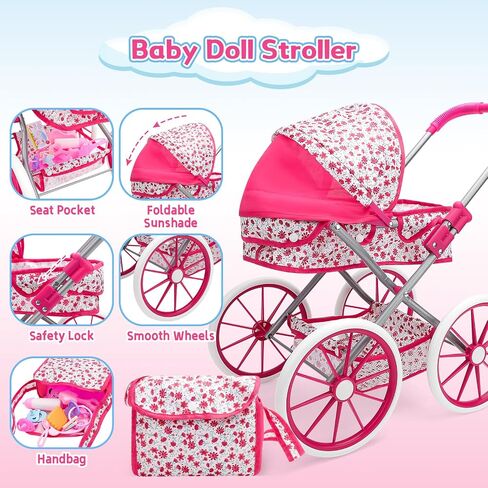 deAO Baby Doll Stroller Set High Chair Travel Diaper Bag with 12 inch Baby Doll Accessories Pretend Play Toys with Foldable Stroller 2 Sets Doll Clothes Birthday Gift for Girls Boys Toddler Kids in Saudi Arabia