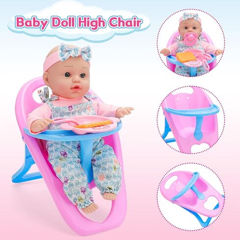 deAO Baby Doll Stroller Set High Chair Travel Diaper Bag with 12 inch Baby Doll Accessories Pretend Play Toys with Foldable Stroller 2 Sets Doll Clothes Birthday Gift for Girls Boys Toddler Kids in Saudi Arabia