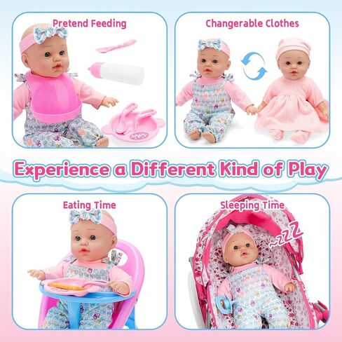 deAO Baby Doll Stroller Set High Chair Travel Diaper Bag with 12 inch Baby Doll Accessories Pretend Play Toys with Foldable Stroller 2 Sets Doll Clothes Birthday Gift for Girls Boys Toddler Kids in Saudi Arabia