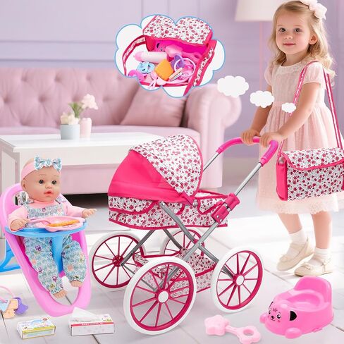 deAO Baby Doll Stroller Set High Chair Travel Diaper Bag with 12 inch Baby Doll Accessories Pretend Play Toys with Foldable Stroller 2 Sets Doll Clothes Birthday Gift for Girls Boys Toddler Kids in Saudi Arabia