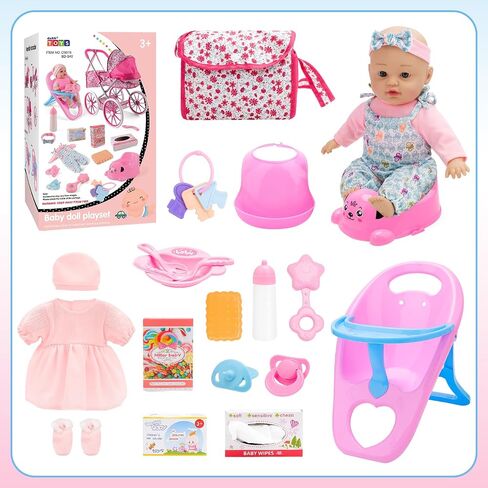deAO Baby Doll Stroller Set High Chair Travel Diaper Bag with 12 inch Baby Doll Accessories Pretend Play Toys with Foldable Stroller 2 Sets Doll Clothes Birthday Gift for Girls Boys Toddler Kids in Saudi Arabia