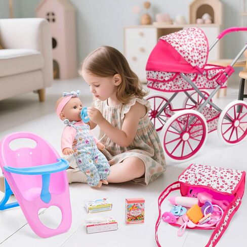 deAO Baby Doll Stroller Set High Chair Travel Diaper Bag with 12 inch Baby Doll Accessories Pretend Play Toys with Foldable Stroller 2 Sets Doll Clothes Birthday Gift for Girls Boys Toddler Kids in Saudi Arabia