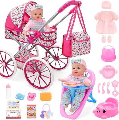 deAO Baby Doll Stroller Set High Chair Travel Diaper Bag with 12 inch Baby Doll Accessories Pretend Play Toys with Foldable Stroller 2 Sets Doll Clothes Birthday Gift for Girls Boys Toddler Kids in Saudi Arabia
