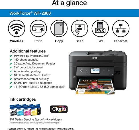 طابعة ألوان لاسلكية من Epson WF-2860 All-in-One مع الماسح الضوئي والناسخ والفاكس و Ethernet و Wi-Fi Direc in Kuwait