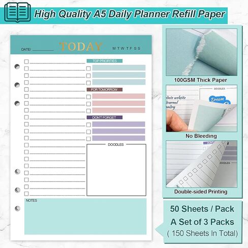 A5 refill paper planner إدراج ، 3 حزمة 6 ثقوب ورقة إعادة ملء الأوراق ، 300 صفحة مخطط الموثق إدراج دفتر المجلات للمذكرة ، للقيام ، المخططين 8.3 "× 5.6" in Saudi Arabia