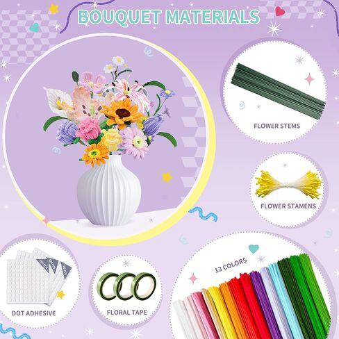 572 PCS Pipe Cleaners مجموعة زهرة ، 13 لونًا ، ينبع تشنيل مع أسلاك الأزهار ، والسلالة ، والأشرطة ، والغراء النقطي ، وصندوق التعليمات وصندوق الهدايا - مجموعة مركبة DIY للباقات المصنوعة يدويًا in Saudi Arabia