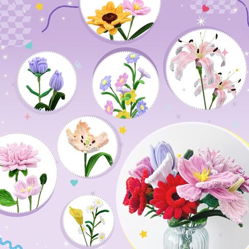 572 PCS Pipe Cleaners مجموعة زهرة ، 13 لونًا ، ينبع تشنيل مع أسلاك الأزهار ، والسلالة ، والأشرطة ، والغراء النقطي ، وصندوق التعليمات وصندوق الهدايا - مجموعة مركبة DIY للباقات المصنوعة يدويًا in Saudi Arabia