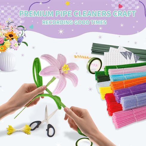 572 PCS Pipe Cleaners مجموعة زهرة ، 13 لونًا ، ينبع تشنيل مع أسلاك الأزهار ، والسلالة ، والأشرطة ، والغراء النقطي ، وصندوق التعليمات وصندوق الهدايا - مجموعة مركبة DIY للباقات المصنوعة يدويًا in Saudi Arabia