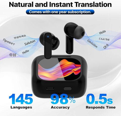 AI Language Translation سماعات الأذن ، مترجم شاشة لمس LCD في الوقت الفعلي لمدة 144 لغة ولهجة ، صوت عالي الدقة ، عمر بطارية طويل ، مثالي للسفر والأعمال ، الأسود in Kuwait