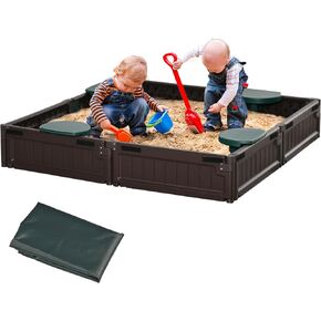 Outsunny Kids Outdoor Sandbox with Cover Garden Bed Sand Pit, Easy Assembly Children's Oval Sandbox for Backyard, Brown, 72" x 41.25" x 8.75" in Kuwait