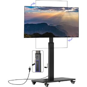 90° Swivel Mobile TV Stand on Wheels with Power Outlet, Portable Rolling TV Stand with Hand Crank Infinitely Adjustable Height, Rolling TV Cart with Wheels for 32 to 65 70 75 80 inch TVs up to 110 lbs in Saudi Arabia