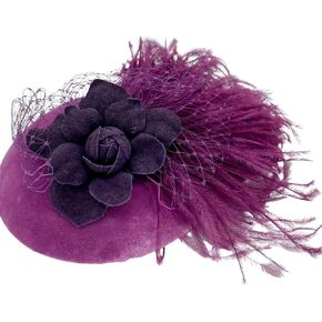 Purple Suede Rose & Feather Fascinator, Feather Headpiece, Suede Headpiece, Church Hat, Derby Hat, Wedding Hat, British Hat in Saudi Arabia
