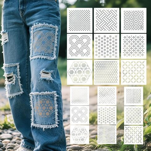 18Pcs Sashiko Stencil Geometric Sashiko Patterns Template 7.87 Inch Sashiko Template White Drawing Line Line Quilting Stencils for Sewing Hand Quilting Embroidery in Saudi Arabia