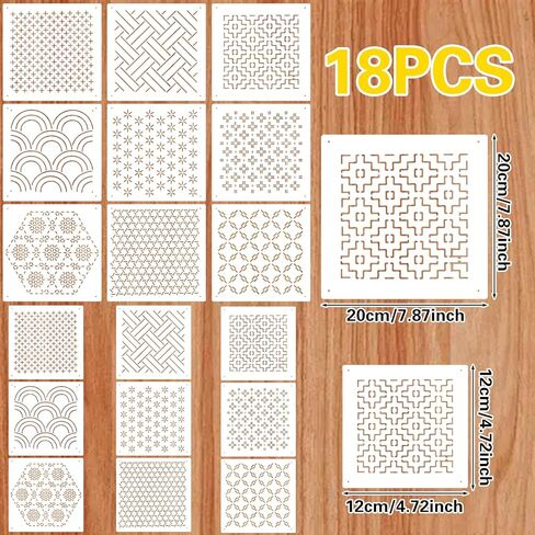 18Pcs Sashiko Stencil Geometric Sashiko Patterns Template 7.87 Inch Sashiko Template White Drawing Line Line Quilting Stencils for Sewing Hand Quilting Embroidery in Saudi Arabia